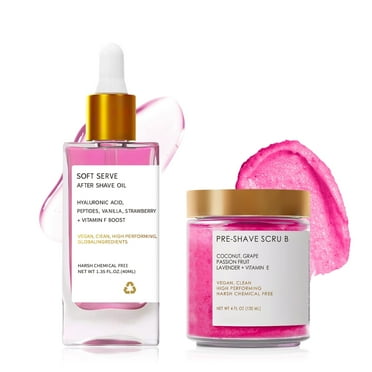 Pre-Shave Scrub & Soft Serve After Shave Oil Set, Strawberry & Vanilla Scent, Shaving Oil for Women (Excluding Scraping Tool)
