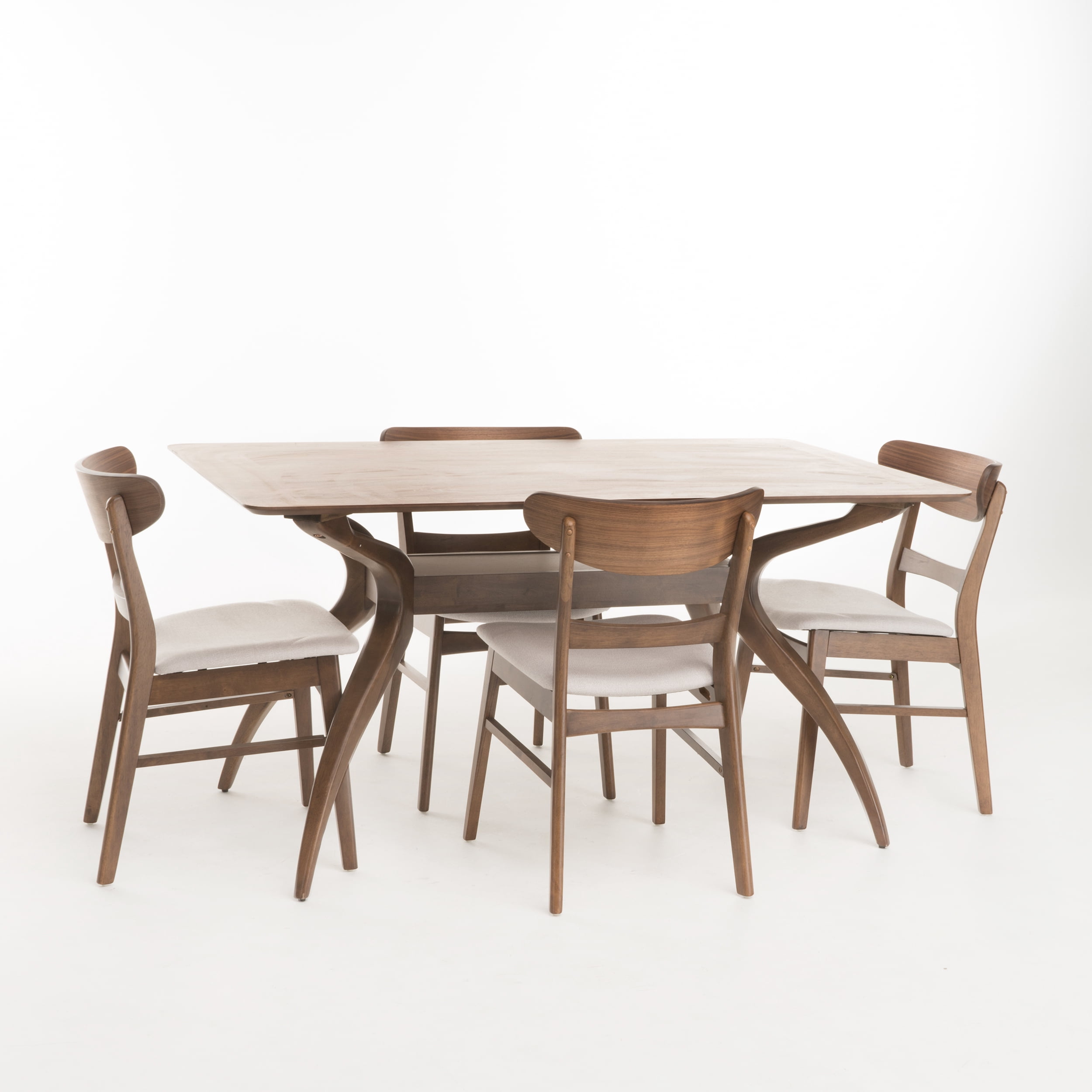 Noble House Lydia Mid-Century Modern 5 Piece Dining Set, Light Beige and Natural Walnut