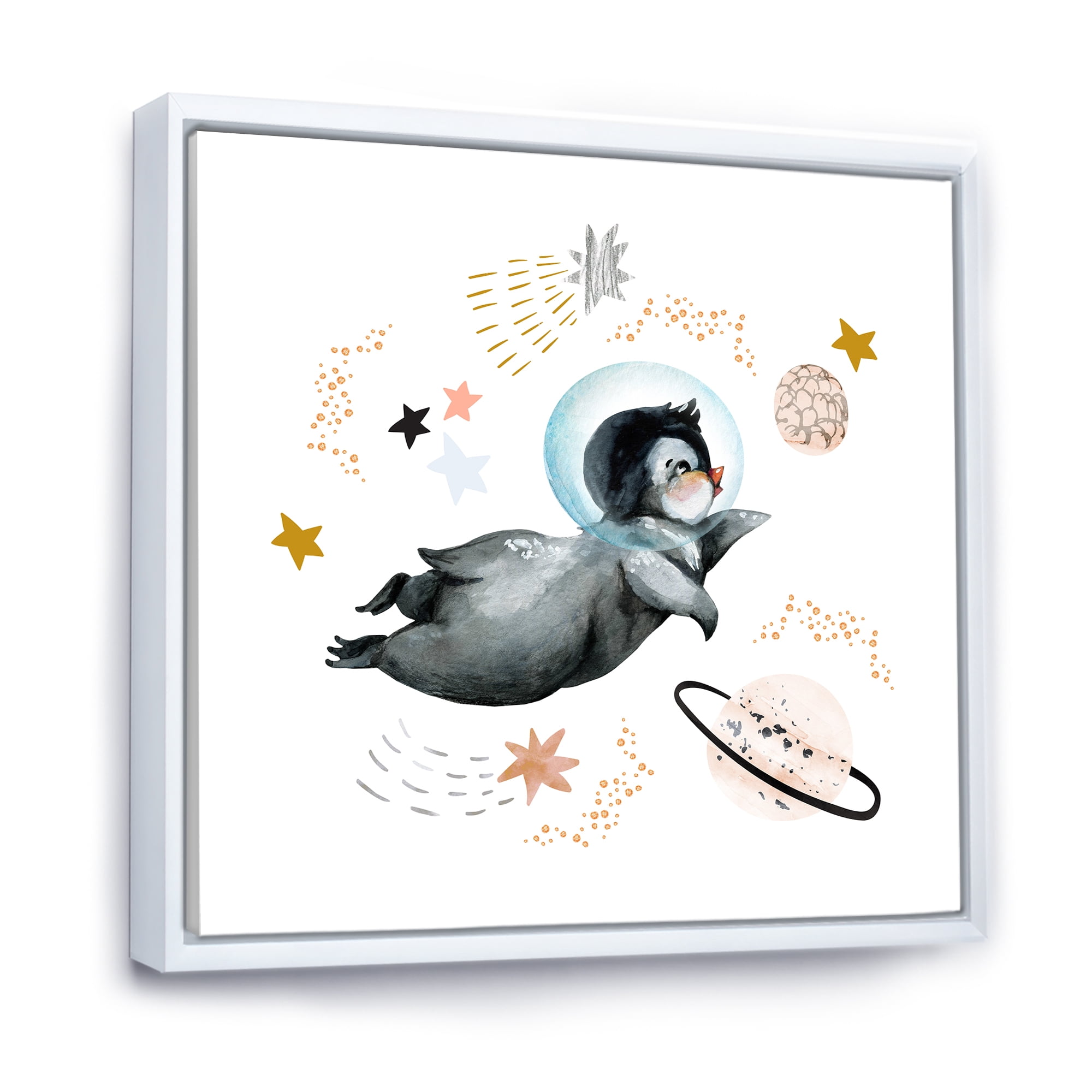 Designart 'Little Penguin Flying Planets and Stars II' Farmhouse Framed Canvas Wall Art Print