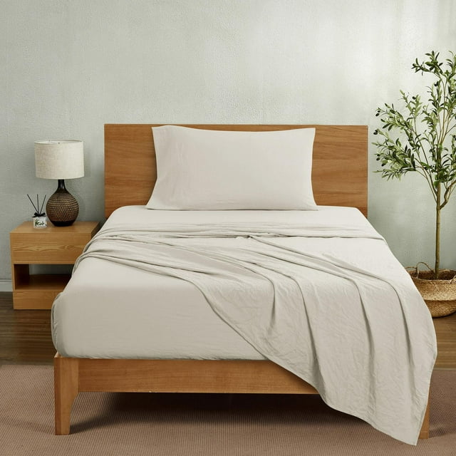 Mainstays Washed Ultra Soft Microfiber Bed Sheet Set, Full, Papyrus Biege, 4 Piece