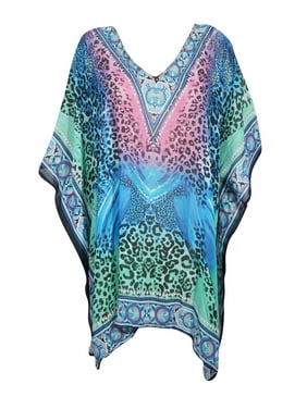 Mogul Women Pink Blue Short Kaftan Dress Georgette Kimono Sleeves Beach Cover Up Loose Evening House Dresses One Size