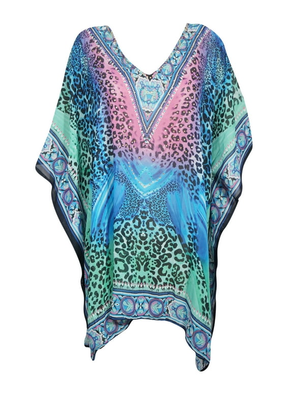 Mogul Women Pink Blue Short Kaftan Dress Georgette Kimono Sleeves Beach Cover Up Loose Evening House Dresses One Size