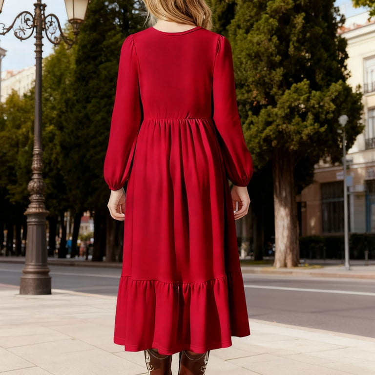 Cethrio Girls Casual Dresses, Party Long Sleeve Solid Color Crew Neck Maxi Dresses with Pockets Red Size 14-16