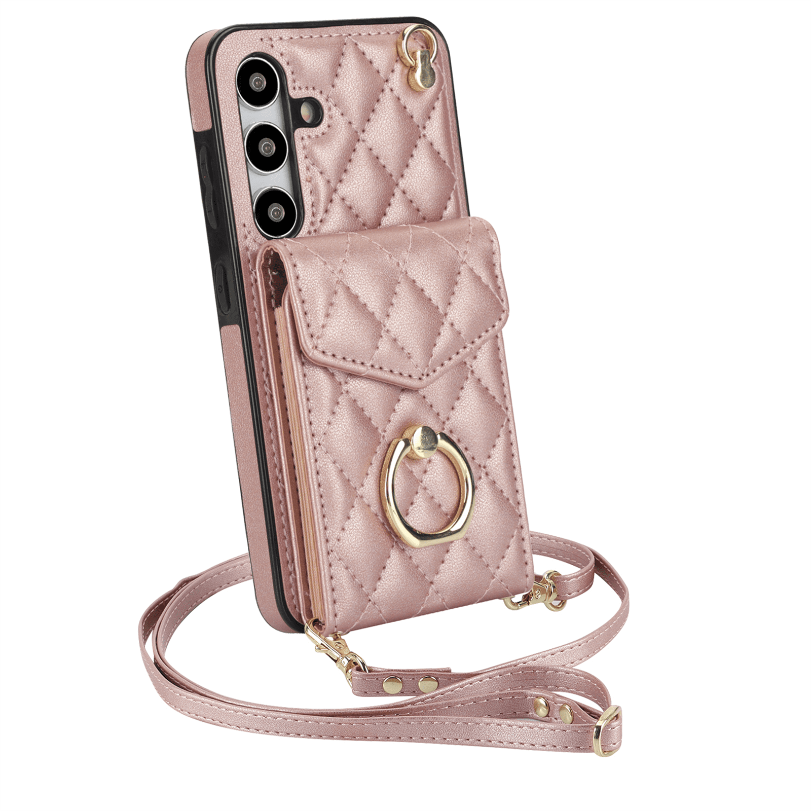 Asuwish Wallet RFID Blocking PU Leather Cell Phone Case with Tempered Glass Screen Protector, Wrist Strap for Samsung Galaxy S24 Plus, Rose Gold