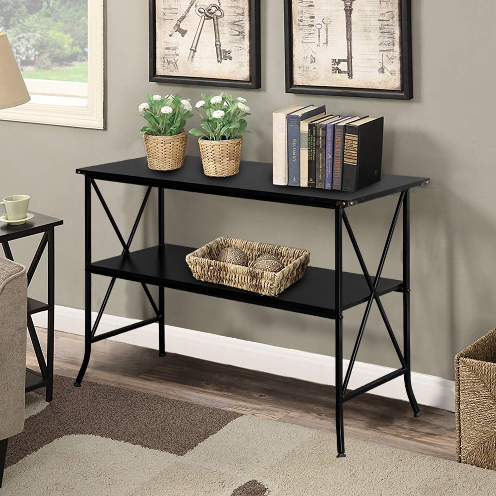 2 Tier Console Table, Entryway Accent Table with Storage Shelf, Black
