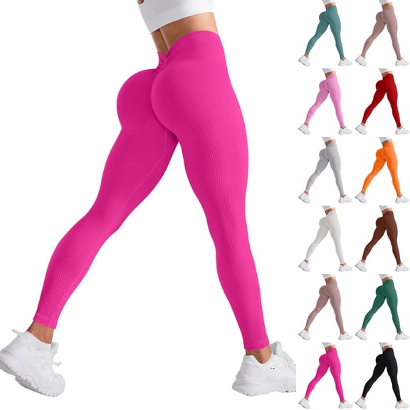 WULMLEO Scrunch Butt Lifting Leggings for Women Crossover Seamless Workout Leggings V-Shape Tummy Control Athletic Yoga Pants Hot Pink S