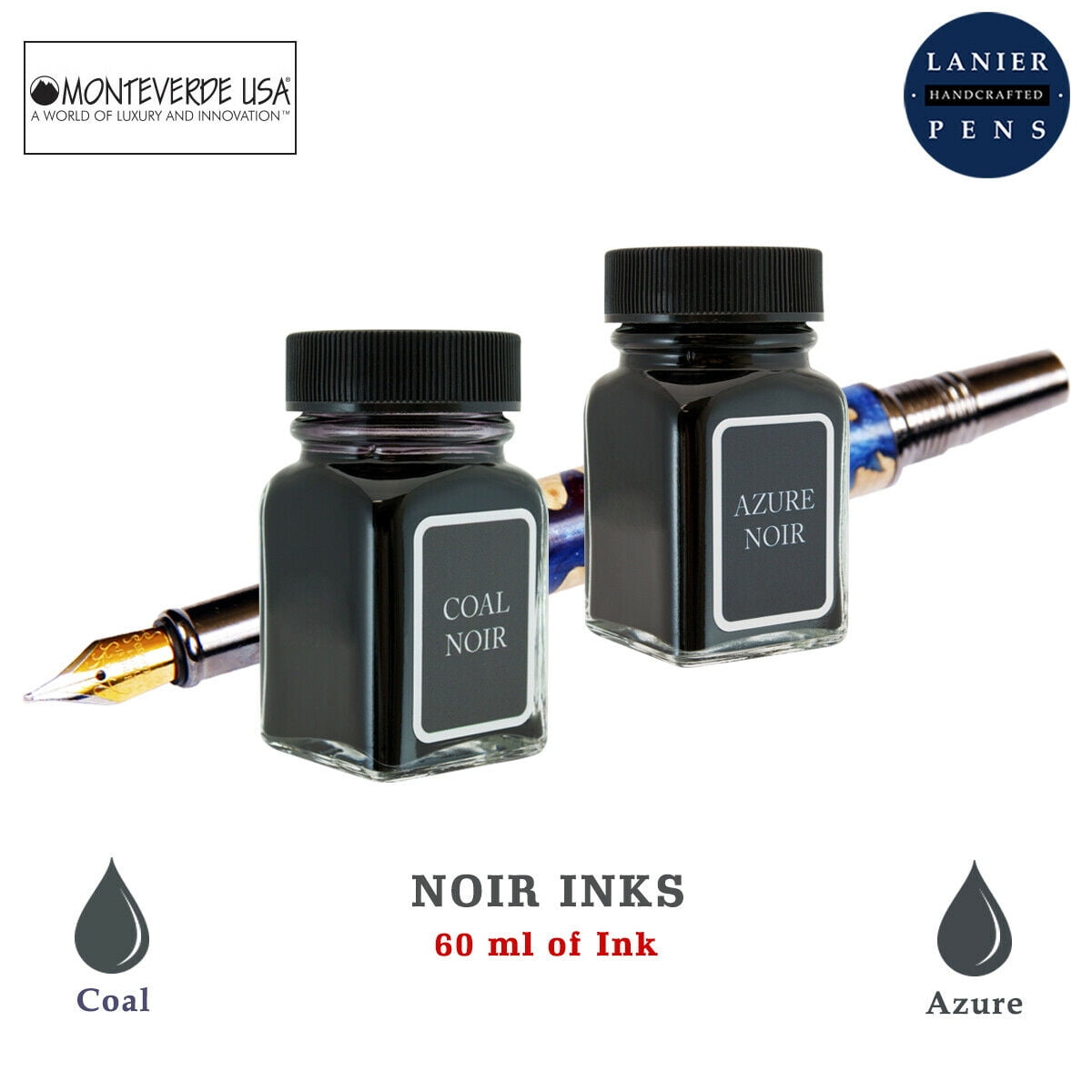Monteverde 60ml Noir Fountain Pen Ink Bottle (30ml Coal Noir Ink Bottle G309LN, 30ml Azure Noir Ink Bottle G309AN)