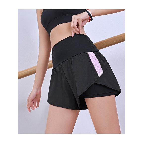 Women Running Yoga Shorts Double Layer Quick Dry Gym Athletic Shorts, Purple, Large