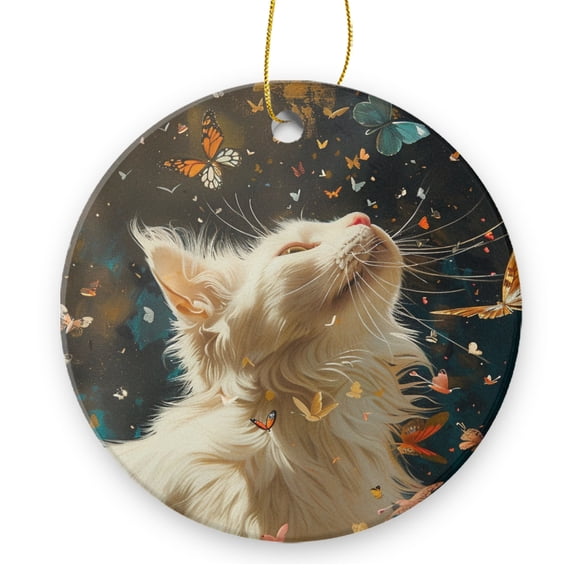 White Cat Surrounded By Butterflies of Fantasy Art - Christmas Ornament Xmas Keepsake Ceramic Ornaments Holiday Decorations for Tree Christmas Gift Ideas 2.95in