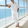 thumbnail image 4 of Gytharion Men's Summer Casual 2 Piece Outfits for Vacation Soild Color Stand Collar Long Sleeve Shirts with Drawstring Elastic Waist Long Pants Outfits Cotton and Linen Lightweight Sets, 4 of 8