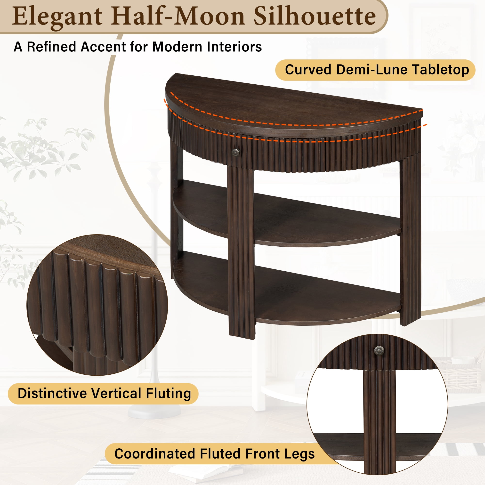 Fluted Half Moon Console Table with Drawer and 2 Shelves for Entryway, Living Room and Hallway (Espresso)