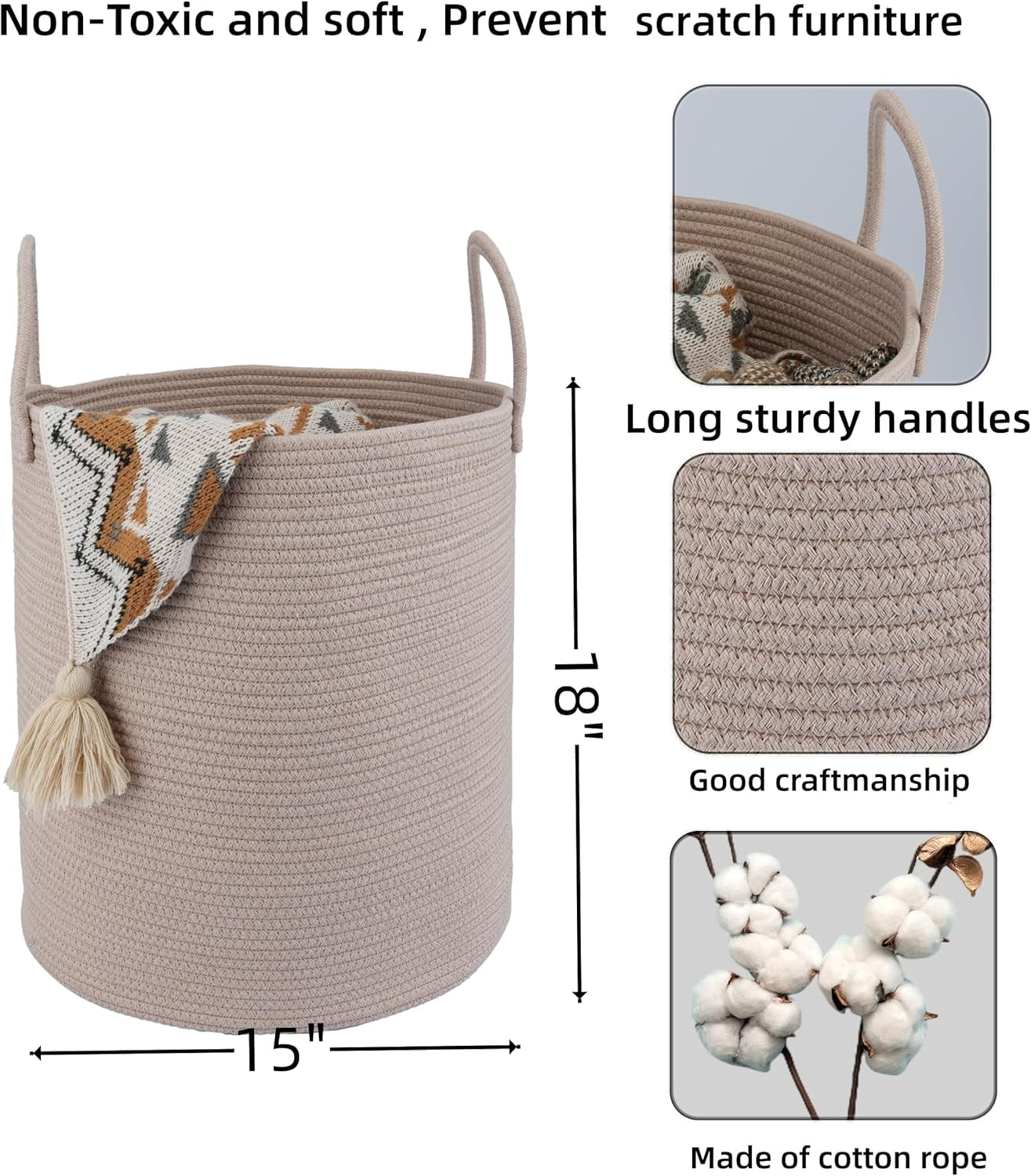 WarmHaven Cotton Rope Laundry Basket Hamper for Clothes Woven Storage Basket for Living Room Bedroom Boho Tall Rope Baskets for Blanket Toys Pillow Towels Baby Nursery Hamper Bin Konjac