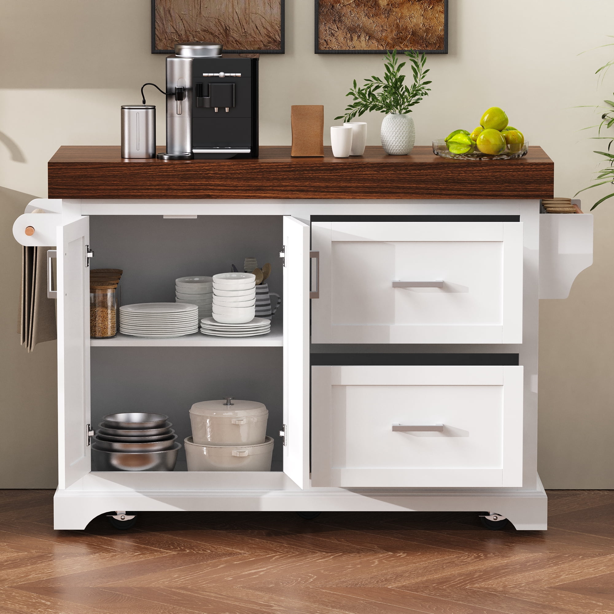 Mintazer 53" Large Kitchen Island with Spice and Towel Racks, Kitchen Rolling Island Cart with 2 Drawers and Storage Cabinet for Home Kitchen Dining Room, White & Walnut