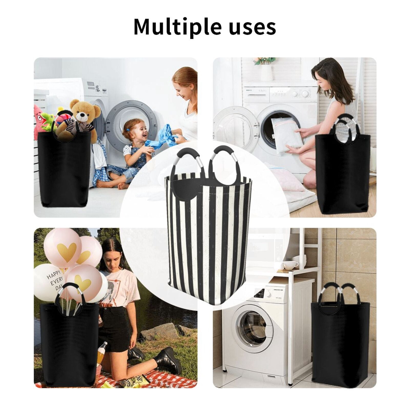 Picia Black And White Thick Stripes Laundry Basket With Handles Laundry Hamper Toys Storage Organizer Foldable Bucket Washing Bin Dirty Clothes Bag For Home Bathroom Bedroom Dorm