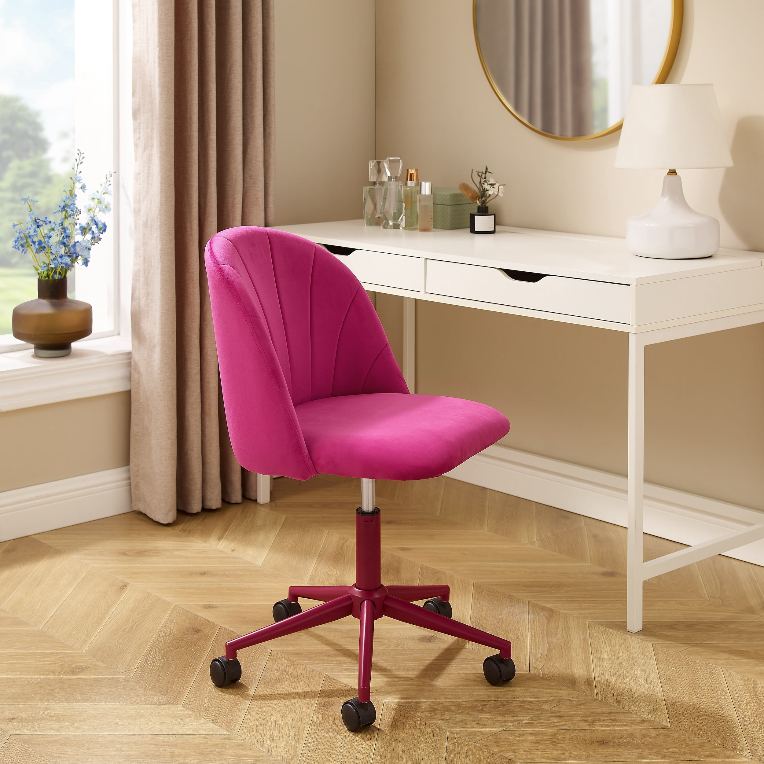Linon Alondra Upholstered Mid Back Office Desk Chair with Castors, Hot Pink