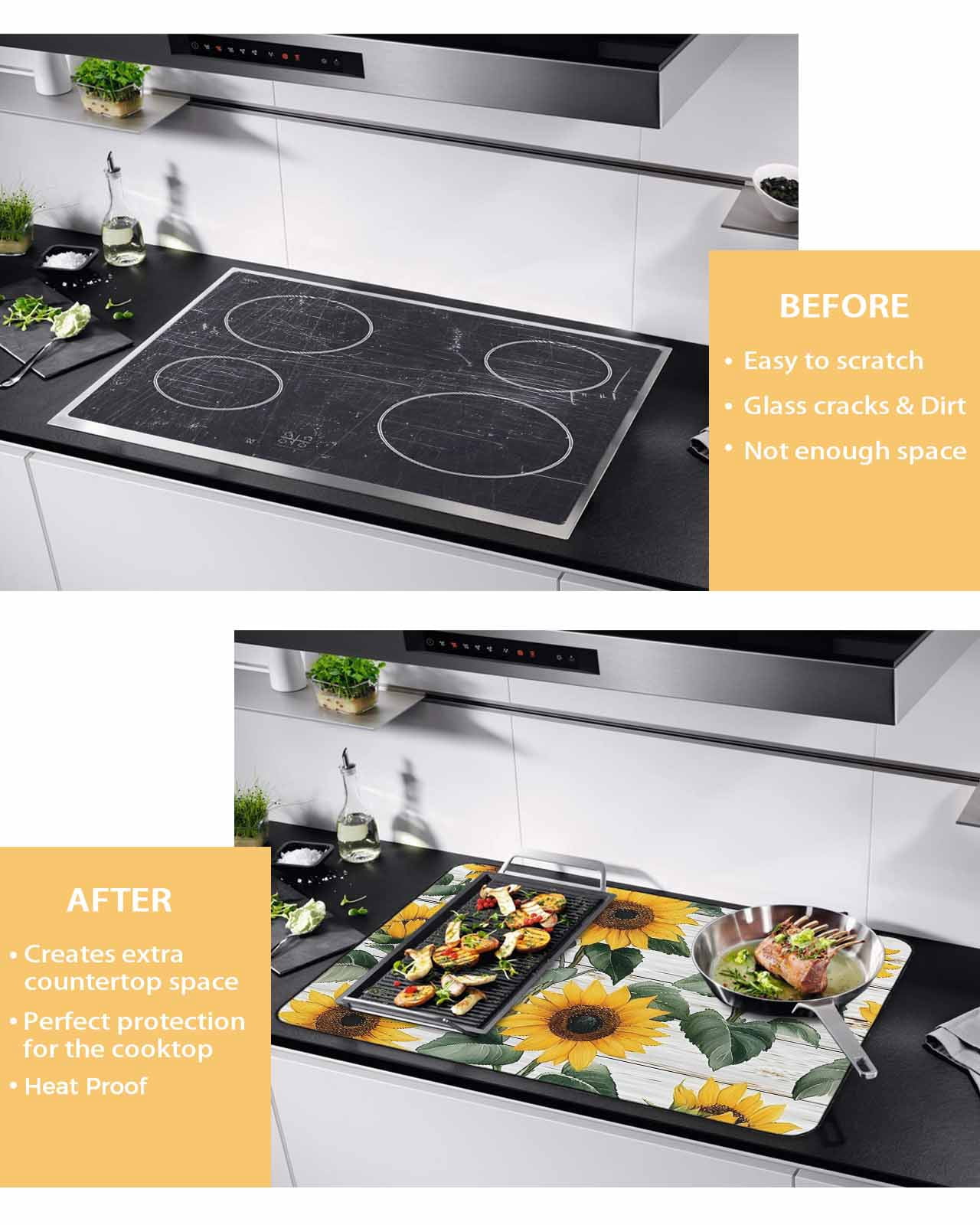 nqOlkjepod Large Induction Cooktop Protector Mat 24"x21", Country Sunflowers Stove Top Covers for Electric Stove, Retro Pastoral Floral Wooden Plank Stove Burner Cover Mats, Glass Top Stove Cover