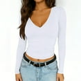 thumbnail image 2 of HomeDM Womens Long Sleeve T Shirts V Neck Slim Fitted Solid Color Tight Basic Tops - White/2XL, 2 of 9