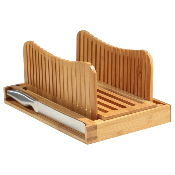 Bread Slicer for Homemade Bread - Adjustable Bamboo Bread Cutter with Knife, Foldable Slicing Guide and Crumb Tray - Compact Loaf Slicer for Sourdough, Bagels, Cakes, and Loaves - Kitchen Baking Tool