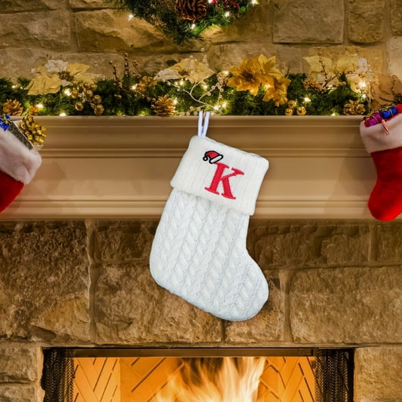 Mini White Knit Stocking, Initial Monogram EmbroideWhite Christmas Stocking, Family Fireplace Hanging Ornament Xmas Holiday Decor Gift - Letter K
