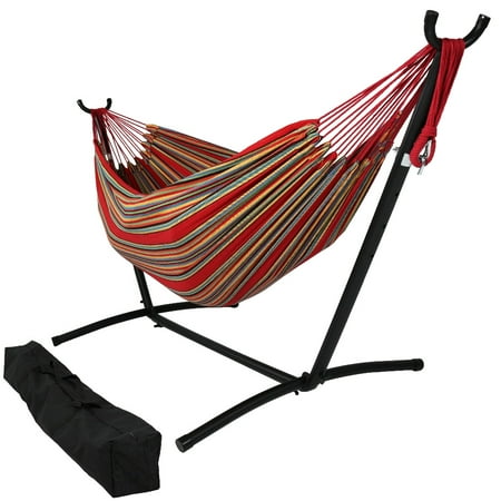 Double Hammock Bed Sunnydaze Brazilian Double Hammock with Stand and Carrying Pouch, 2 Person Portable Bed - For Indoor or Outdoor Patio, Yard, and Porch (Sunset) ()