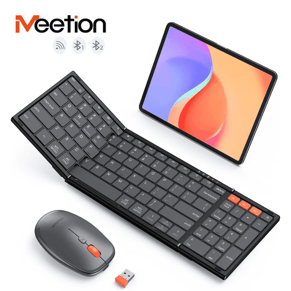 Meetion Foldable Keyboard and Mouse, Bluetooth, Portable, Rechargeable, 3-Device for Win/Mac/iOS/Android