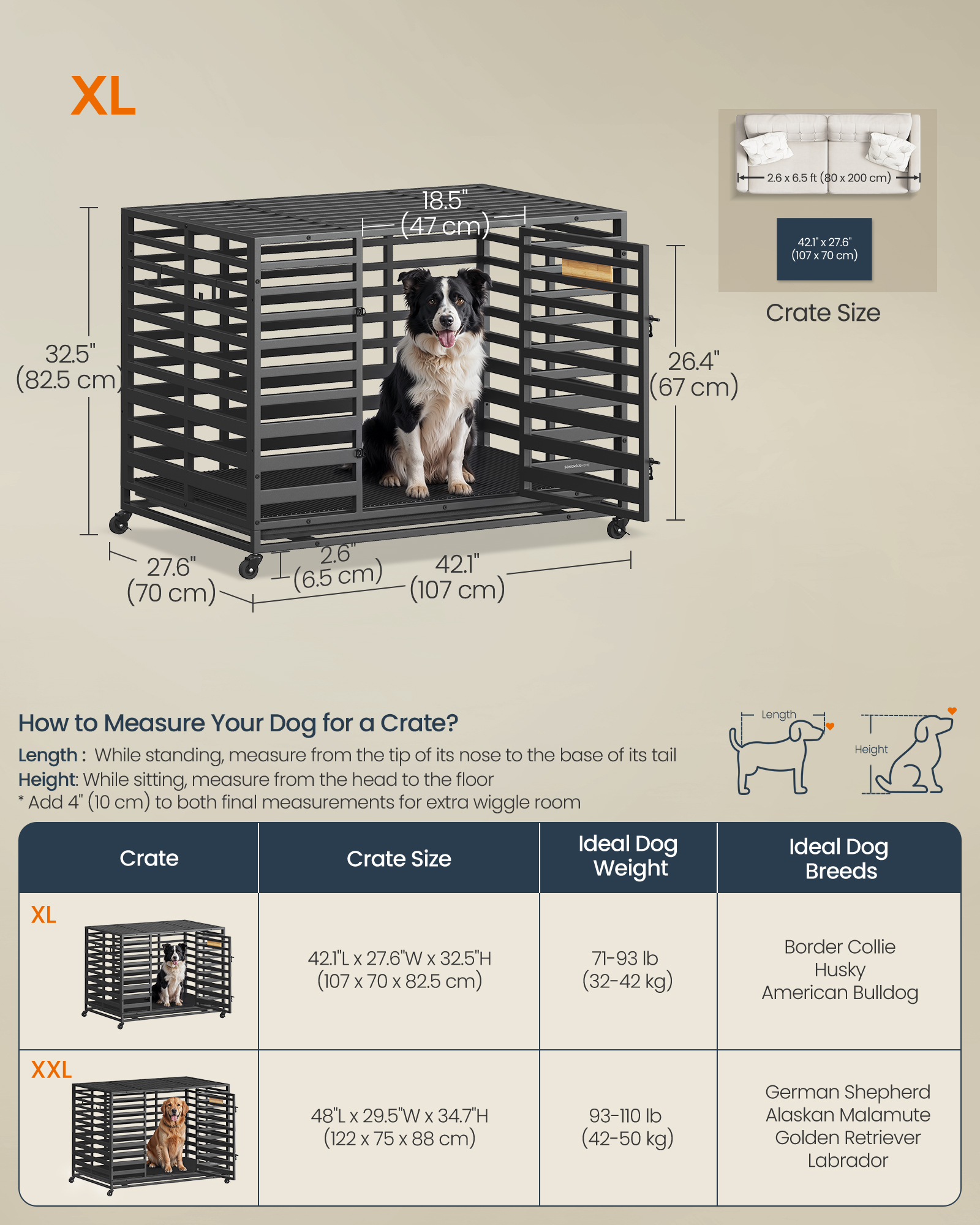 Heavy-Duty Dog Crate, 42.1 x 27.6 x 32.5 Inches Dog Cage for Large Dogs, Expandable Dog Kennel