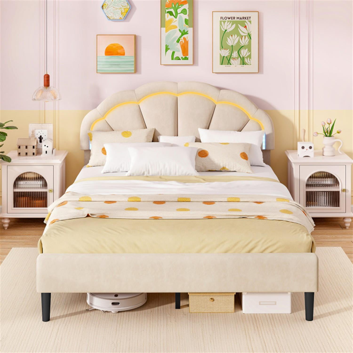Demi Bonn Queen Size Upholstered LED Bed Frame with Adjustable Flower Headboard and Metal Support Feet, Platform Bed Frame with Wood Slats Support, No Box Spring Needed, Beige