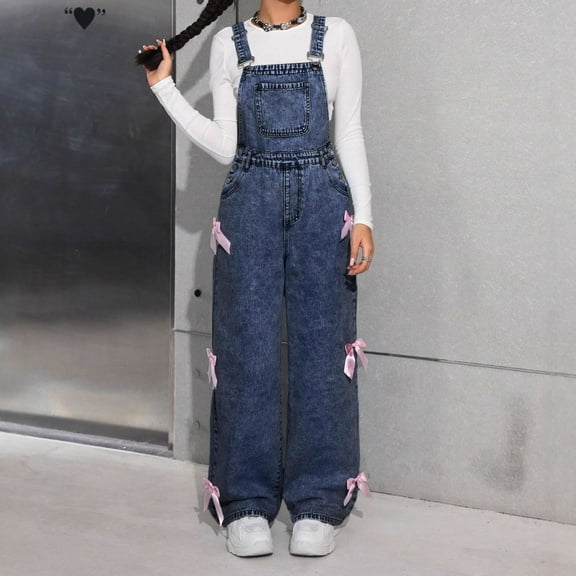 ZHOGXU Big Girls Denim Overalls With Pocket Suspenders Wide Leg Bow Design Casual Fashion Comfortable Jumpsuit For Daily Wear Dark Blue 8-9 Years