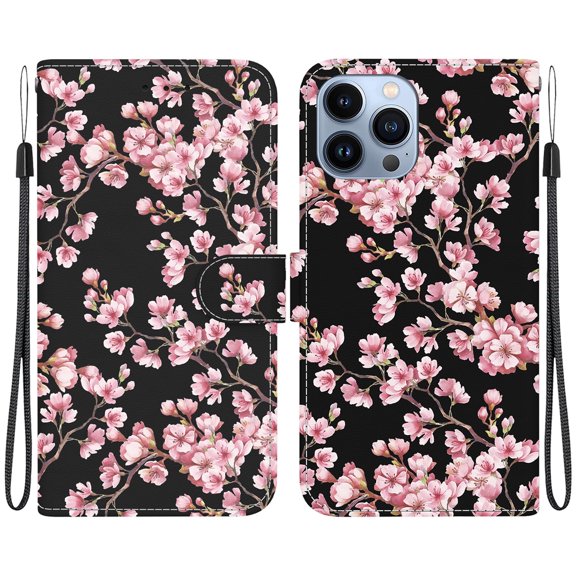Wallet Case for iPhone 14 Pro, Luxury PU Leather Painted Pattern Cover with Credit Slots & Kickstand & Lanyard, Slim Magnetic Clasp Shockproof Anti-Drop Case, Plum Blossom