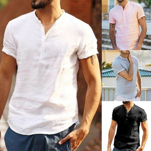 Canis - Mens Linen Short Sleeve Summer Solid Shirts Casual Loose Dress ...