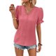 thumbnail image 1 of Tops de manga corta con cuello en V para mujer con ribete de encaje, color puro, suave, agradable a la piel, transpirable, camisetas de moda para camafeo diario marrón M, 1 of 6
