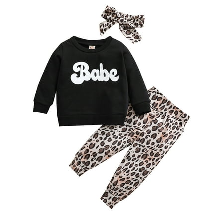 

Bmnmsl Girl Sets Unique Letter Long Sleeve T-shirt Leopard Pants Headband