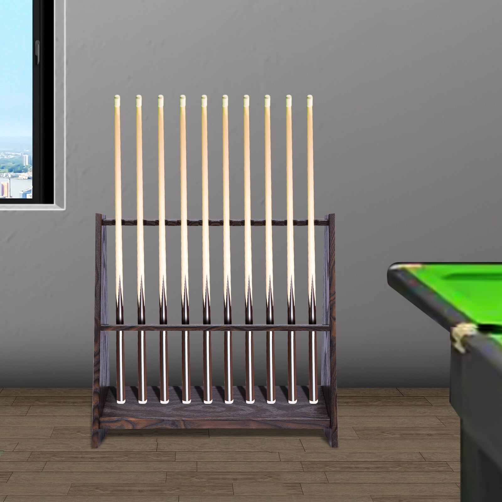 Pool Stick Holder Floor Stand, 10 Pool Cue Rack for Billiard Room or Club, Made of Wood, Easy to Assemble