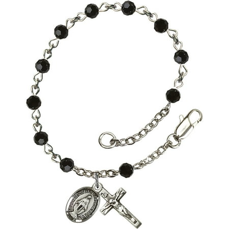 Square Swarovski Rosary Bracelet - Sterling Silver Rosary Bracelet 4mm Black Swarovski beads Crucifix sz 1/2 x 1/4.
