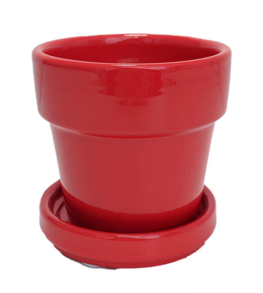 Mini Ceramic Pot + Saucer 2 3/4" x 2 3/4" Red