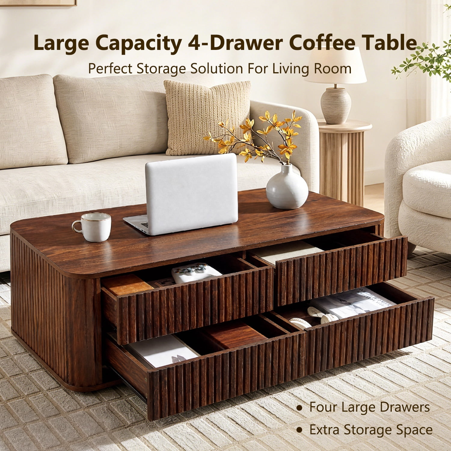 IFMUST 51" Modern Fluted Coffee Table with Storage, 4 Drawers, Rounded Edges,Hidden Storage