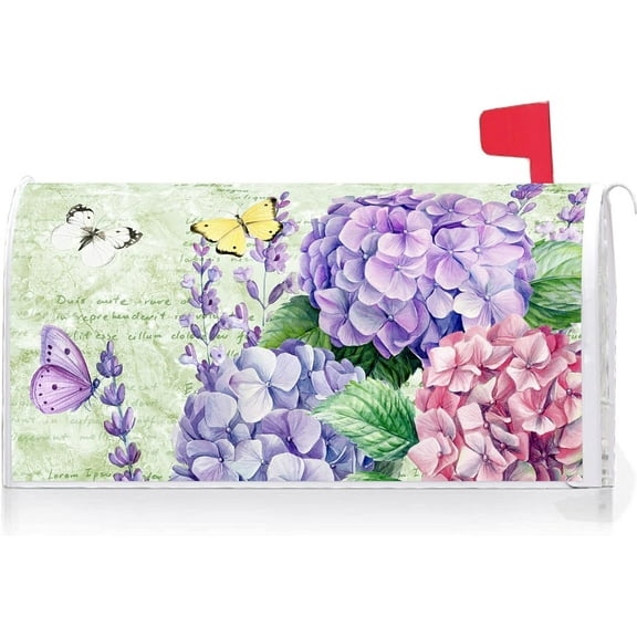 Hydrangea Floral Butterfly Decoration Mailbox Cover with Magnetic Strip Spring Summer Flower Mailbox Wraps Post Letter Box Cover Standard Size 21" X 18" for Garden Outdoor Yard Decor