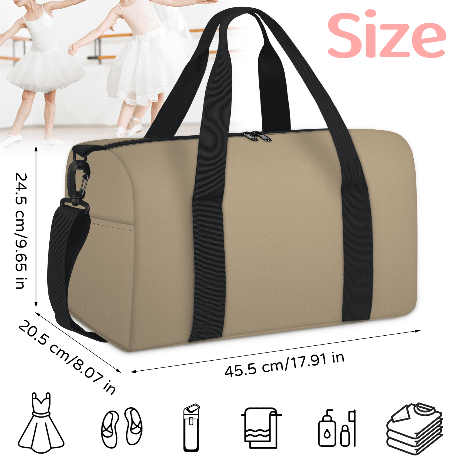Herdesigns Tan Travel Duffle Bag Sports Yoga Weekender Overnight Carry on Workout Bags Lightweight Waterproof Gym Tote Bag for Women