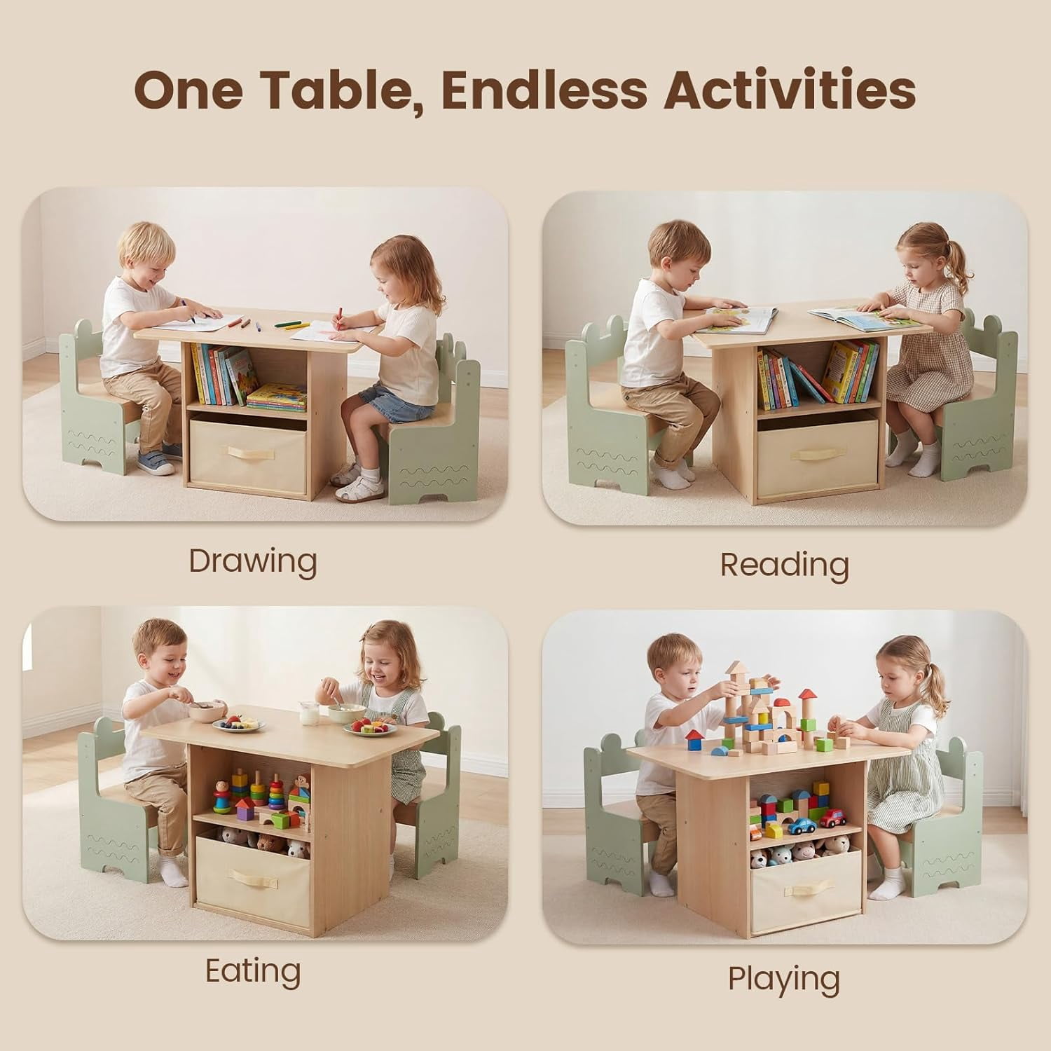 OLAKIDS Kids Table and Chair Set, 4 in 1 Wooden Activity Desk with Foldable Storage Drawer, Children Furniture for Art Crafts Drawing Reading Dining