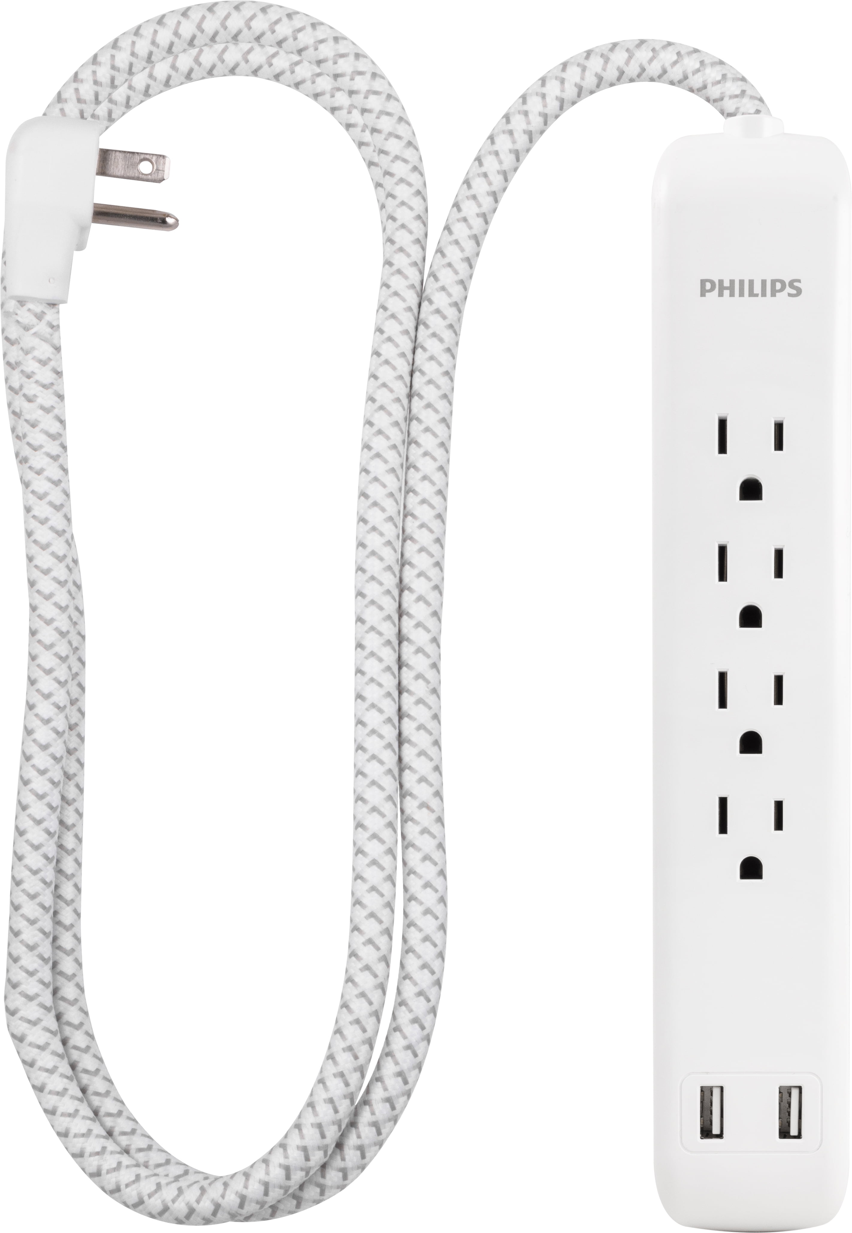 Philips 4 Outlet Power Strip Surge Protector with 2 USB Ports, 4 Ft Power Cord, Designer Braided
