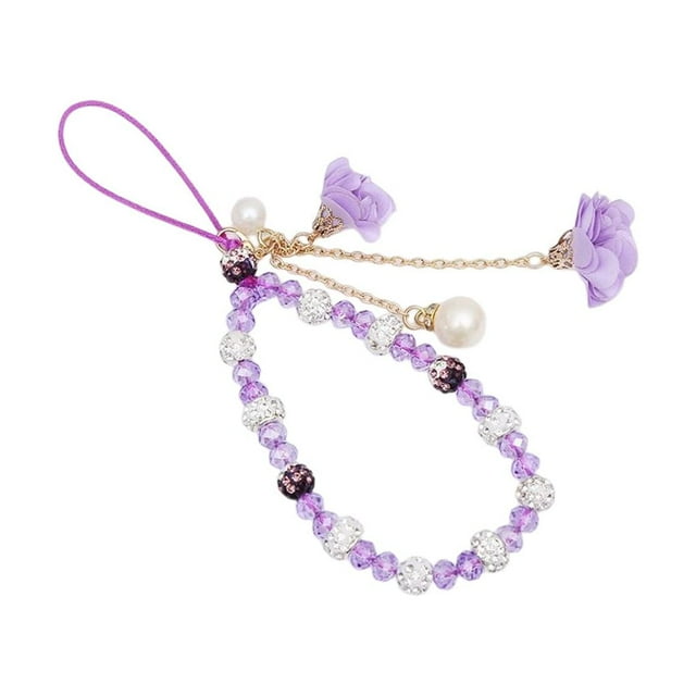 Sidaley Correas para teléfono móvil, cordón de flores de cristal, correa de llavero con cuentas a la moda, de cuerda colgante, adornos para Electrónica Violeta