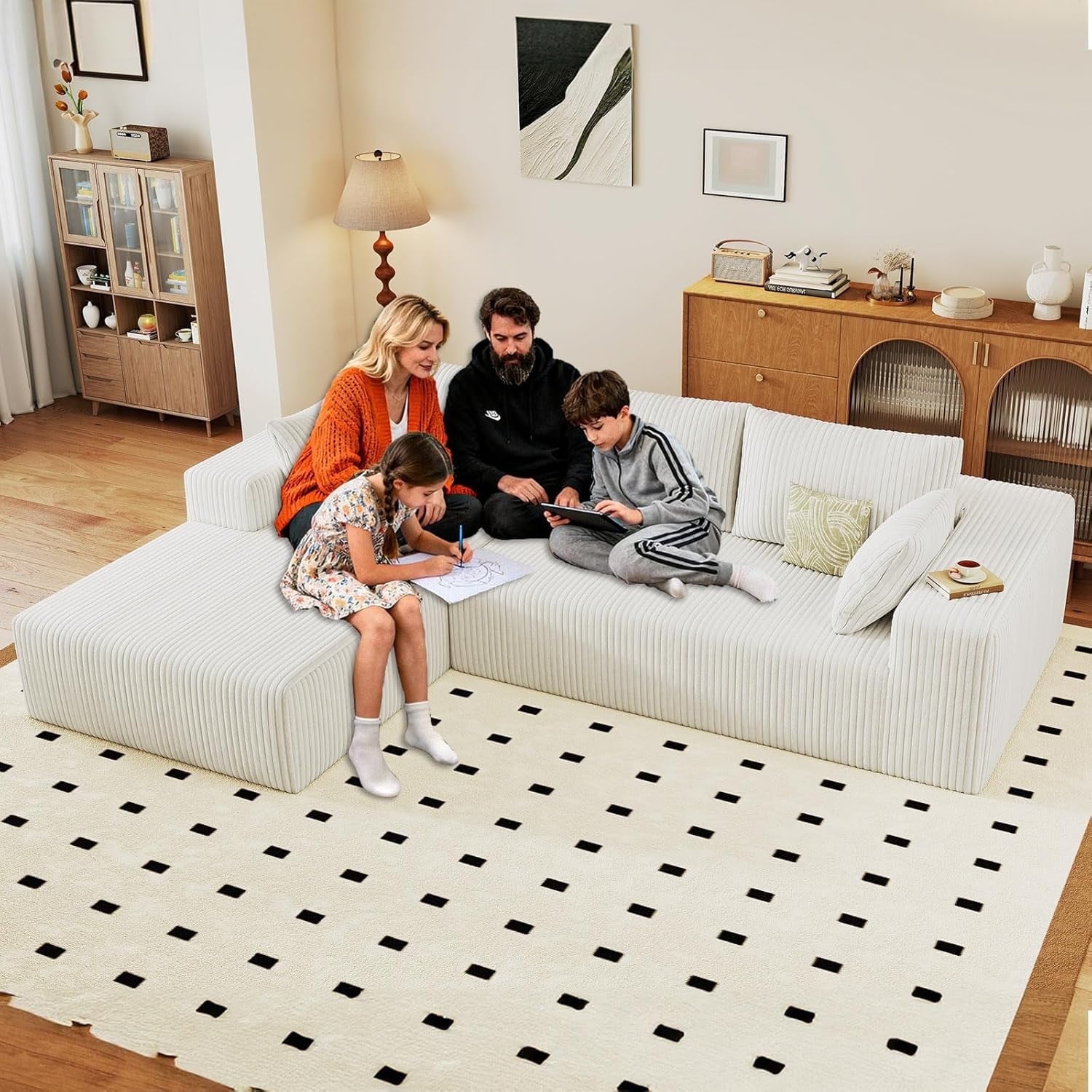 Cloud Couch Sectional, 96" L-Shaped Sofa, No Assembly Corduroy Couch with Chaise for Living Room,White