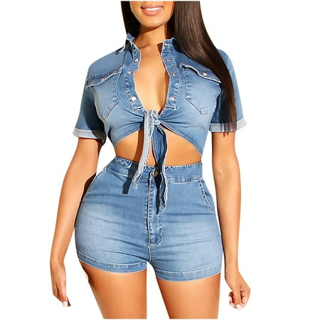 

Homenesgenics Womens Jumpsuits and Rompers Clearance Women s Casual Two Pieces of Jeans Shorts Jacket Suit Denim Suit