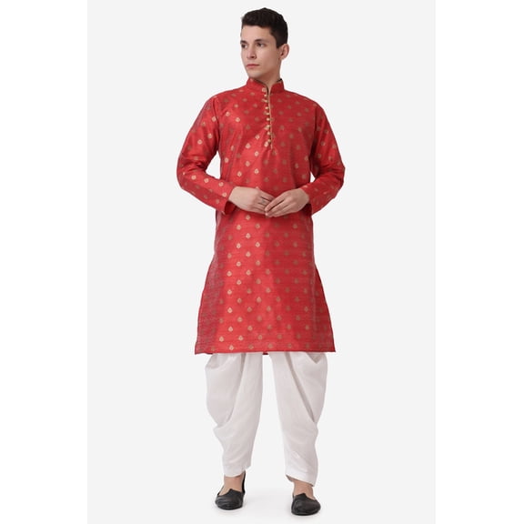 Royal Kurta Elegant Maroon Jacquard Silk Printed Long Kurta and White Salwar for Men