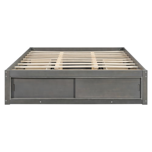 Queen Size Platform Bed Frame with 4 Storage Drawers and Footboard Storage Cubby, No Headboard Design Solid Wood Platform for Bedroom, Gray