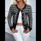 thumbnail image 5 of Blazer de A Cuadros para Mujer, Elegante, Informal, con Botones Al Frente, Cuello Redondo, Larga, Tejido Texturizado Negro XL, 5 of 10