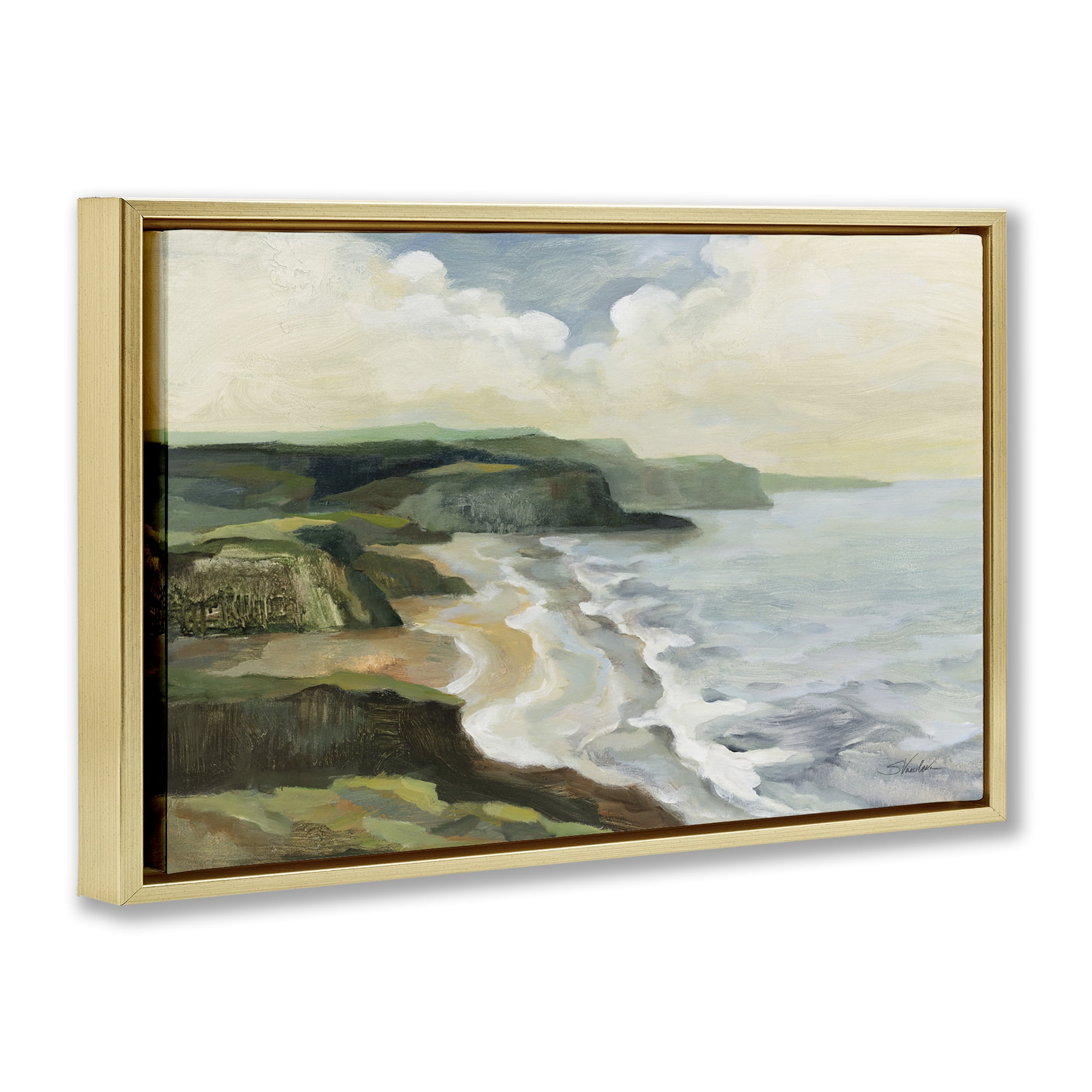 Stupell Industries Irish Coast Cliffs Landscape Painting Gold Floater Framed Canvas Art Print Wall Art, 25 x 17