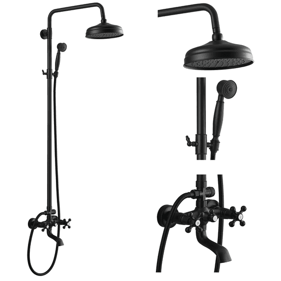 gotonovo Matte Black Bathroom Luxury Shower Faucet Rain Mixer 8 Inch Round Head Double Cross Handle Bathroom Bathtub Hand Spray Tub Tap Wall Mount Bathroom Fixtures