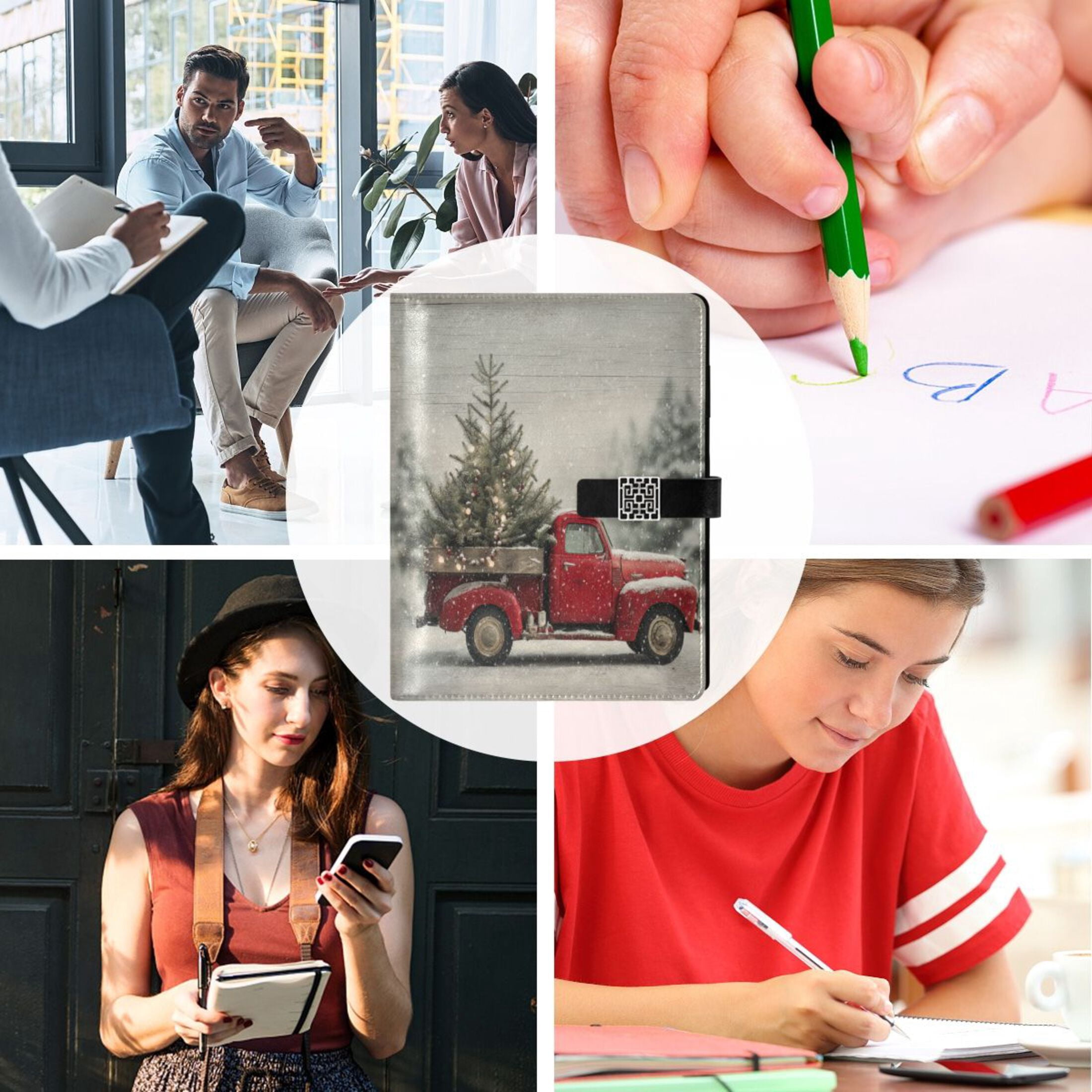 9.2x6.7 inch Leather Notebook 100 Sheets, Multi-Pocket Design & Pen Loop Vintage Red Truck Refillable Journal Organizer