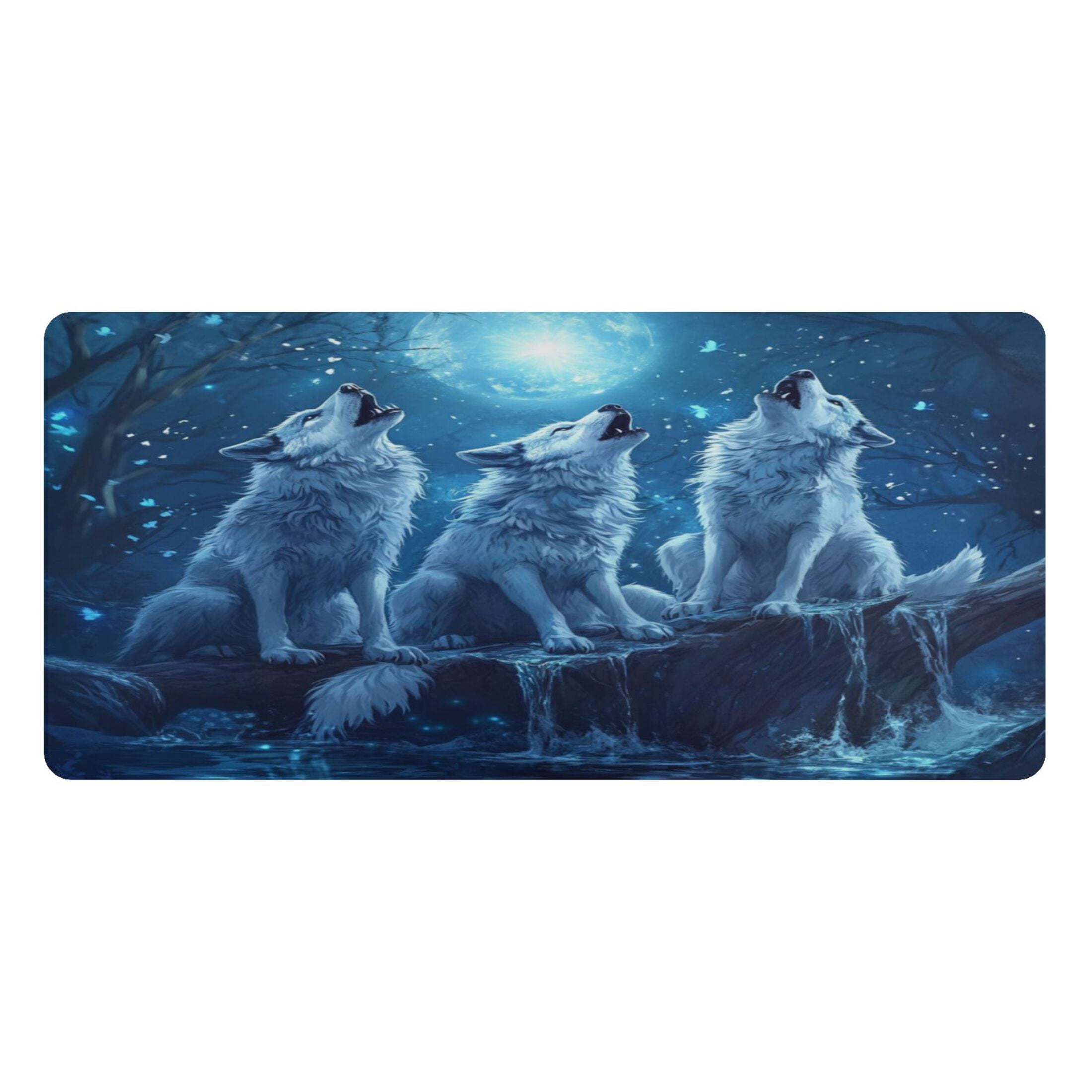 Leather Keyboard and Mouse Desk Mat Office Desk Accessories Protective Office Desk Decor Desk Pad Mat for Gaming, Work from Home, Office Three Blue Wolves 16.5" x 35.4"